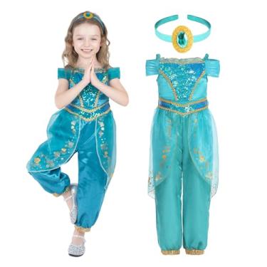 Imagem de Lingway Toys Fantasia de princesa Jasmine Aladdin com peruca para aniversário, festa de Halloween e carnaval, Fantasia de jasmim, 2-3 Anos