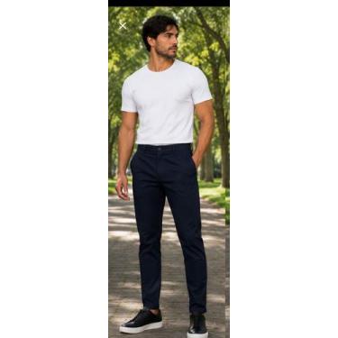 Imagem de Calça Masculina Sarja Bolso Faca Embutido Elastano Slim Cor:MarinhoTam