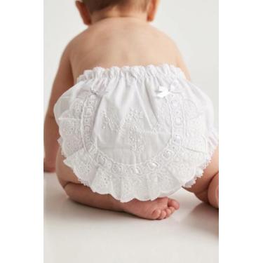 Imagem de Calcinha Bebê Bunda rica Algodão Luxo Bordada à mão branca Batismo - P