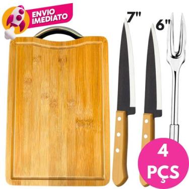 Imagem de Kit Churrasco Garfo Trinchante Inox E Tábua Corte Em Madeira E Faca 6 