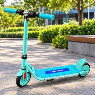 Imagem de Patinete Elétrico Infantil Azul 15km/h, Luzes LED, Dobrável, Guidão Aj