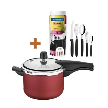 Imagem de KIT - Panela de Pressão 4,5l Vancouver Vermelha + 1 Faqueiro 30pç - Tramontina