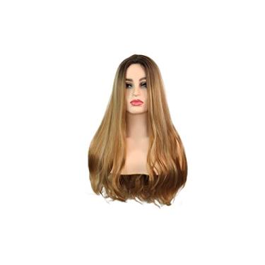 Imagem de Peruca Longa Ondulada Ouro Linho Branco Cinza Claro Rosa Peruca Feminina Sintética Encaracolada Parte do Meio Fibra Resistente ao Calor Adequado para uso em festas diárias (Castanho misto 24 polegadas)