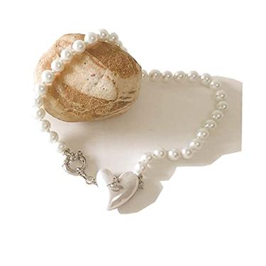 Imagem de TEBIHOYO Colar de pérolas Saturno para mulheres amor artificial pérola branca colar pingente de diamante de cristal brilhante moda moderna corrente de clavícula casamento das mães.., Metal, não conhecido