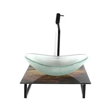 Imagem de KIT CUBA DE VIDRO OVAL 10MM JATEADA COM TAMPO DE VIDRO 40CM X 40CM MADEIRA RUSTICA E SUPORTE PRETO