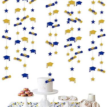 Imagem de Decorações de formatura em ouro azul marinho 2023, chapéu de formatura diploma guirlanda de estrelas, faixa de fundo para festa de formatura, suprimentos para sala de aula, ensino médio, graduação, decoração de casa