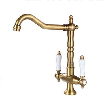 Imagem de LIDON Torneira da pia do banheiro Torneira de água quente e fria Torneira de alça dupla Torneira da pia do banheiro Latão antigo Torneira de cozinha antiga Latão latão torneira da pia de um furo, antigo (cor: antigo)