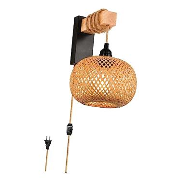 Imagem de Luminária de parede Luminárias montadas parede Luminárias de bambu lanter rústica plugue parede arandela luzes para quarto cabeceira, Estilize um