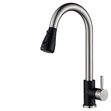 Imagem de Torneira de cozinha preta fosca Torneira misturadora de puxar para fora, montada no convés, torneira de pia de banheiro Misturadores de água quente e fria Cabeça de pulverização, preto escovado B