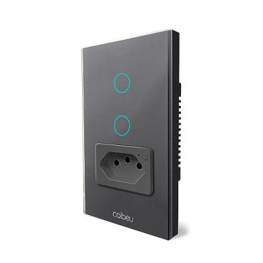 Imagem de Interruptor Inteligente WiFi com Tomada, Interruptor Smart Sem Fio Doméstico Multifuncional, Controle Remoto de Eletrodomésticos Por Celulares, Preto, 2 Botao, com neutro