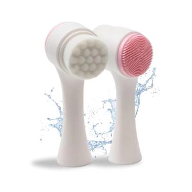 Imagem de Escova de Limpeza Facial Manual 2 em 1 Esponja Cuidados Com o Rosto Massageador de Silicone Limpeza Profunda Macio Esfoliação Escovinha Dupla Face Ativa a Circulação da Pele Skin Care Resistente à Água Banho Uso Diário à Prova D’Água (Branco e Rosa)
