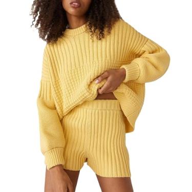 Imagem de TRURENDI Conjunto feminino de 2 peças de tricô com gola redonda pulôver suéter e shorts conjuntos de 2 peças de malha combinando, Amarelo, G