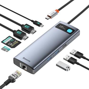 Imagem de Estação de ancoragem para laptop Baseus com monitor duplo 4K a 120Hz, hub USB C 9 em 1 com 2 HDMI, LAN de 1000 Mbps, máximo de 85 W PD, 3 USB, leitor de cartão SD, base USB C compatível com iPhone 15
