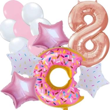 Imagem de Kit Balão Metalizado Donuts 75cm + 4 Estrelas Metalizadas 45cm + 50 Balões de Látex + Balão Metalizado Numero - Festa Decoração - Kit 56pçs (Donuts 8)