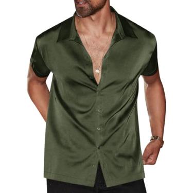 Imagem de Runcati Camisa social masculina luxuosa de cetim de seda casual de botão manga curta festa de formatura casamento, Verde militar, GG