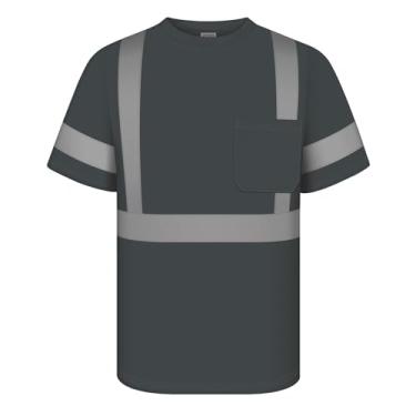 Imagem de TCCFCCT Camisetas masculinas Hi Vis Classe 3 de alta visibilidade com bolso, camisas de trabalho de construção de manga curta com tiras refletivas, camisas refletivas duráveis, respiráveis, DC-cinza