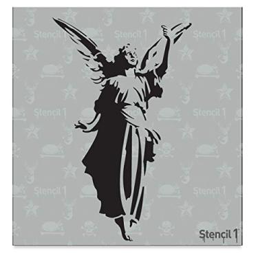 Imagem de Stencil1 Estêncil de anjo – Modelo celestial de Natal cristão de inverno reutilizável para artesanato DIY, decoração de férias, pintura em madeira, tecido, cartões - 14,6 cm x 15,2 cm