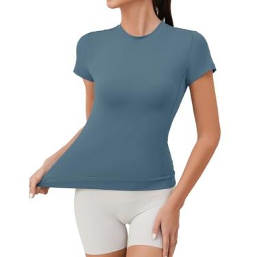 Imagem de AKEWEI Camisetas femininas de compressão atlética com bainha cruzada de manga comprida para exercícios respiráveis para ioga com orifício para polegar, B3_cinza azul_manga curta, M