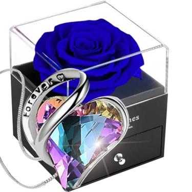 Imagem de Colar de rosa real preservada com cristal austríaco, rosa azul eterna com pingente de coração de amor de prata esterlina 925, joia de pedra preciosa roxa AB, caixa de flores encantadas presente para