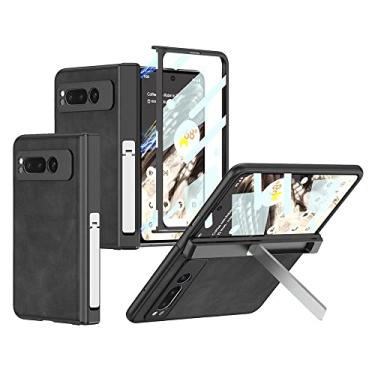 Imagem de Tarieson Capa de couro com dobradiças magnéticas e suporte dobrável para Google Pixel Fold, elegante e protetora preta