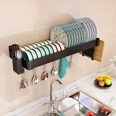 Imagem de Prateleira de secagem de pratos de metal de aço carbono montada na parede Cesta de armazenamento de frutas e vegetais com suporte para placa de corte e pauzinhos pendurados Gaiola Organizado