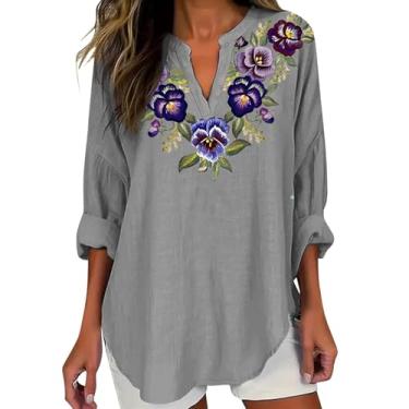 Imagem de Camiseta feminina de linho Alzheimers Awareness com bordado floral roxo de manga comprida, gola V, camiseta casual, Z017-cinza, XG
