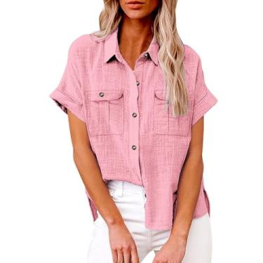 Imagem de Camisa de linho feminina, gola V, manga curta, com botões, cor sólida, túnica de verão, casual, caimento solto, blusa com bolsos, Vermelho, XXG