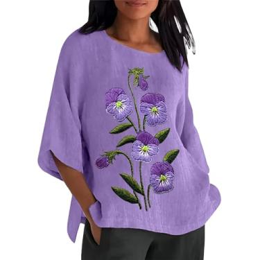 Imagem de Camisetas femininas de conscientização de Alzheimers camiseta de linho com estampa floral roxa grande manga 3/4 blusas túnica gola redonda, rosa, M