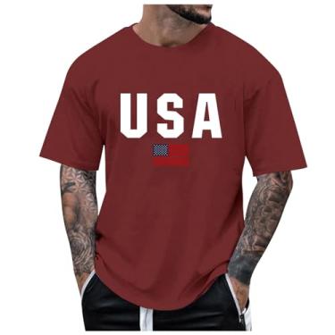 Imagem de Camisetas masculinas 4 de julho bandeira americana patriótica manga curta camisetas casuais verão masculinas, Vinho, GG