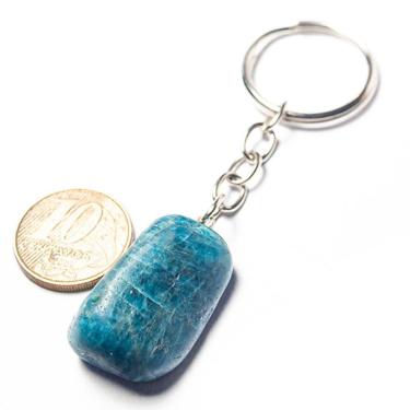 Imagem de Chaveiro Pedrinha Apatita Azul Rolada Natural Banho Prateado