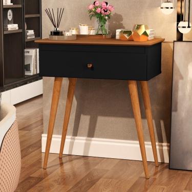 Imagem de Aparador Mesa Lateral Preto Freijó para Sala de Estar Com Pé Palito em Madeira e Gaveta