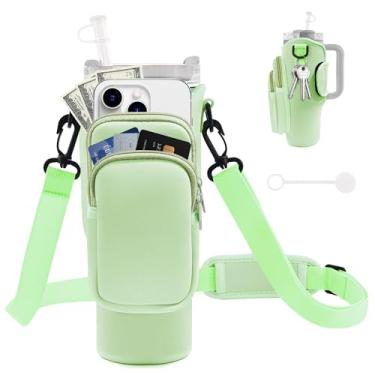 Imagem de JEBEALUO Bolsa de transporte para garrafa de água com bolso para telefone para copo Stanley 100 ml, suporte de garrafa de água com alça ajustável e capa de palha, acessórios para copos Stanley (verde
