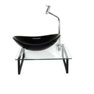 Imagem de Kit Cuba Vidro Oval 10Mm Preta Tampo 40Cm Incolor E Suporte - Cubas E 