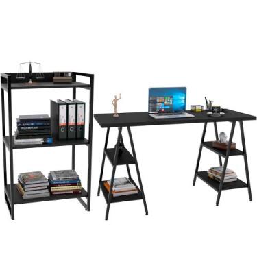Imagem de Kit Mesa Cavalete 135 cm com Estante 3 Prateleiras Estilo Industrial F