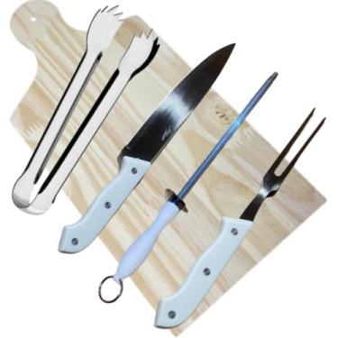 Imagem de Kit Churrasco Com 5 Peças Aço Inox Tabua Garfo Faca Chaira Pegador - A