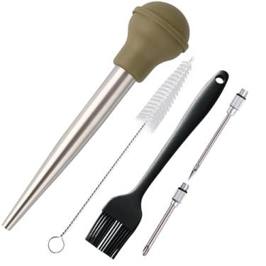 Imagem de Nstezrne Conjunto de 5 caldeiras de peru, seringa de peru para cozinhar, injetor de carne, 2 agulhas e 2 pincéis de limpeza, aço inoxidável 18/8 para sabor de carne, aves, carne e frango verde