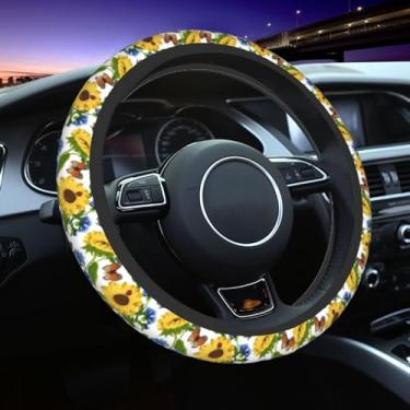 Imagem de Girassol flor borboleta joaninha capa de volante acessórios de carro bonito para mulheres meninas menina universal 15 polegadas neoprene decoração interior automóvel antiderrapante carro caminhão