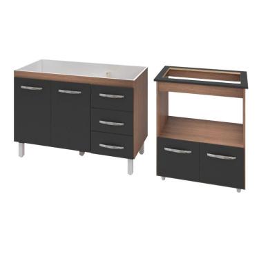 Imagem de Armário Gabinete Pia De 120 Cm Bianca Com Balcão Cooktop 5 Bocas E Forno Elétrico Elisa Savana Frente Preta