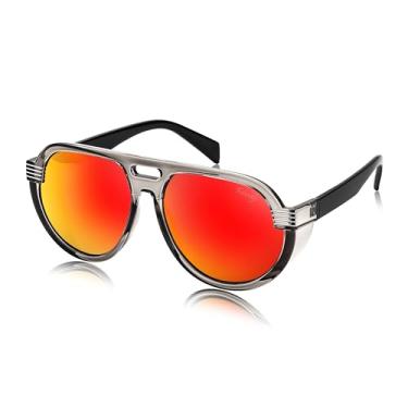 Imagem de FEISEDY Óculos de sol aviador Steampunk com protetores laterais para homens e mulheres anos 80 retrô top plano superdimensionado B0096, Armação cinza/lente vermelha espelhada, 58MM