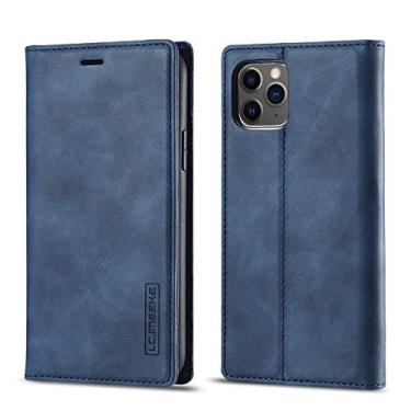 Imagem de EYZUTAK Capa para iPhone 11 de 6,1 polegadas, capa carteira vintage clássica de couro fosco flip estilo notebook com fecho magnético e compartimentos para cartão - azul escuro