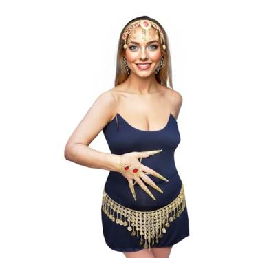 Imagem de Kit Acessório Fantasia Odalisca Dança do Ventre Cigana Indiana: Cinto Medalhas + Tiara + Pulseira de Dedo
