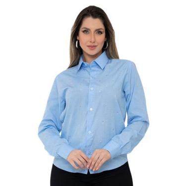 Imagem de Camisa Social Feminina Premium Tipo Linho Azul Claro com strass - Pthi