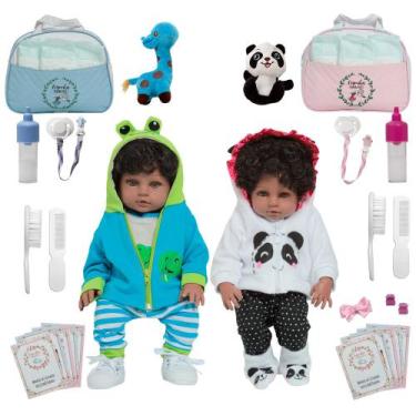 Imagem de 2 Boneca Bebê Reborn Gêmeos Casal Panda Jacaré Kit Completo - Cegonha 