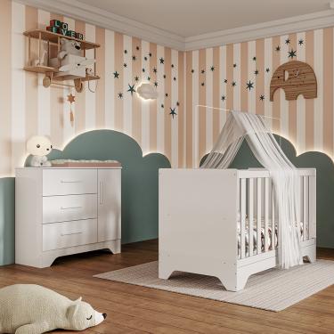 Imagem de Quarto de Bebê Cômoda e Berço 3 em 1 100 MDF Popy Móveis Peroba - Branco Brilho