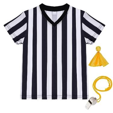 Imagem de obmwang Fantasia de árbitro infantil, camiseta de árbitro listrada preta e branca com gola V, bandeira de penalidade amarela e apito, Preto e branco, G