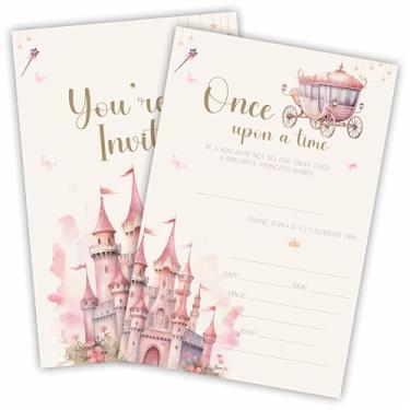 Imagem de Castle Carriage Cartões de convite de aniversário com envelopes, Once Upon A Time Fill In Style Convites para meninas, adolescentes, celebração de aniversário de crianças, lembrancinhas de festa e