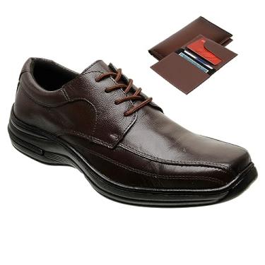 Imagem de Sapato Social Casual Masculino Ortopédico Em couro Premium 5020 + Carteira Cor:Marrom;Tamanho:46;Gênero:Masculino