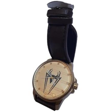 Imagem de Relógio dourado masculino estampa aranha pulseira marrom couro similar analógico