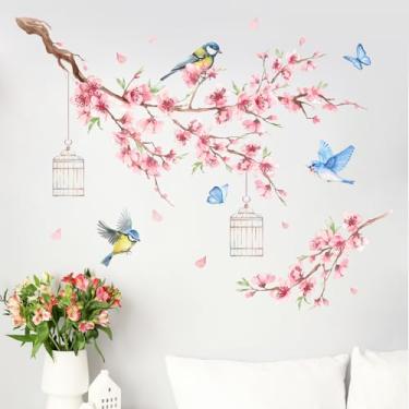 Imagem de Adesivos de parede 404 Yovkky com ramo de flor de cerejeira, flor rosa, pássaros azuis, tetas, borboleta, decoração de quarto, primavera, verão, floral, gaiola, sala de estar, cozinha, decoração, arte