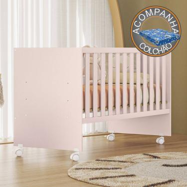 Imagem de Berço Reto Doce Sonho com Rodizios Rosa Qmovi + Colchão Ortobom
